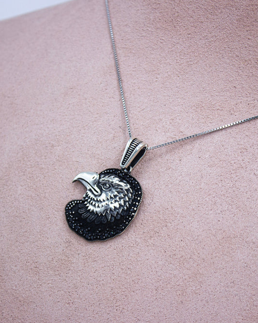 925 Sterling Silver Eagle Head Pendant with Black Zircon