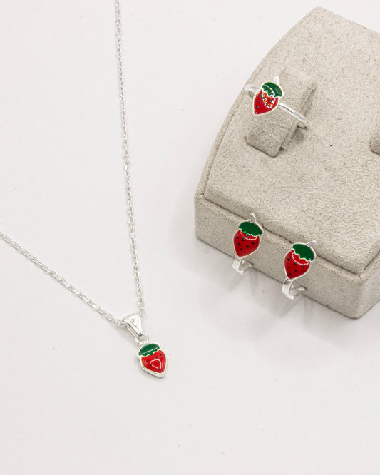 Kids Silver Strawberry Jewelry Set - Necklace Ring Earrings - Children's Enamel Jewelry