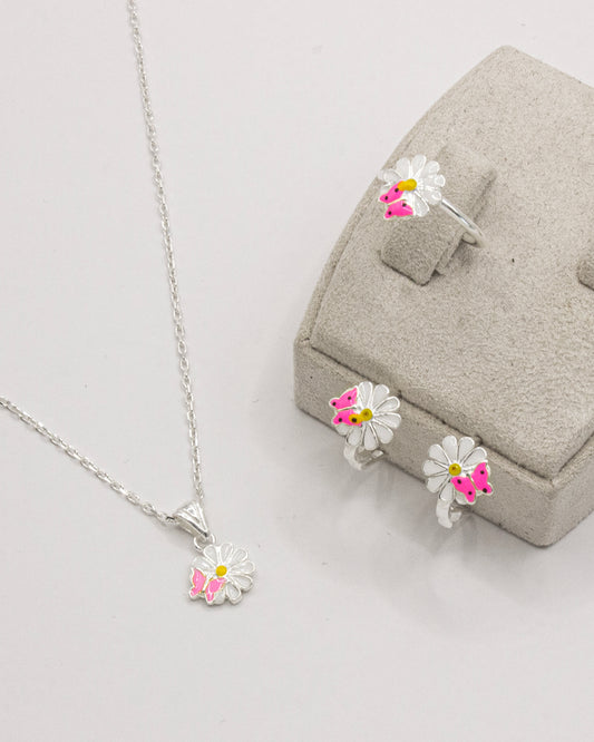 Kids Silver Daisy Butterfly Jewelry Set - Children's Flower Jewelry Necklace Earrings Ring
