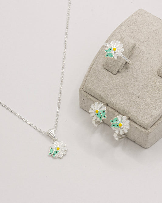Kids Silver Daisy Frog Jewelry Set - Children's Nature Jewelry Necklace Earrings Ring