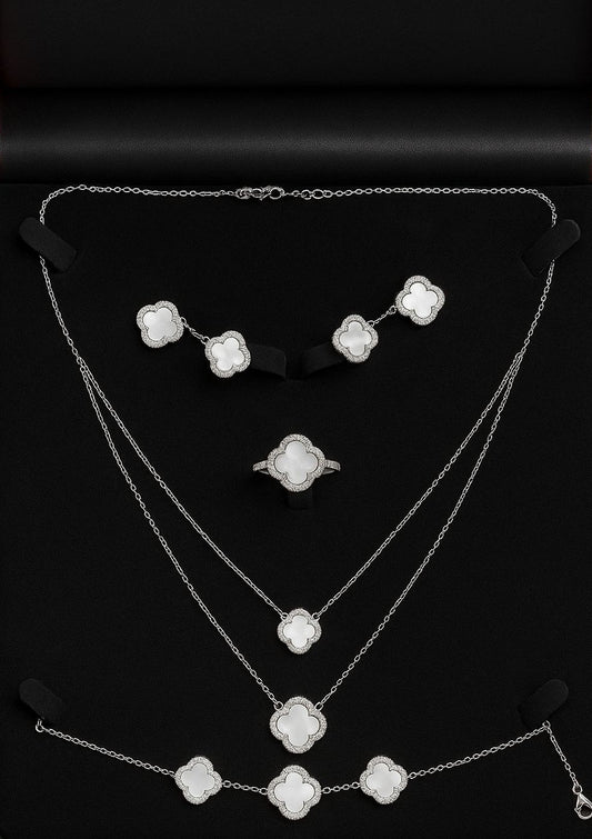 Luxury Silver Clover Jewelry Set - 4-Leaf Clover Necklace, Earrings, Ring & Bracelet Collection